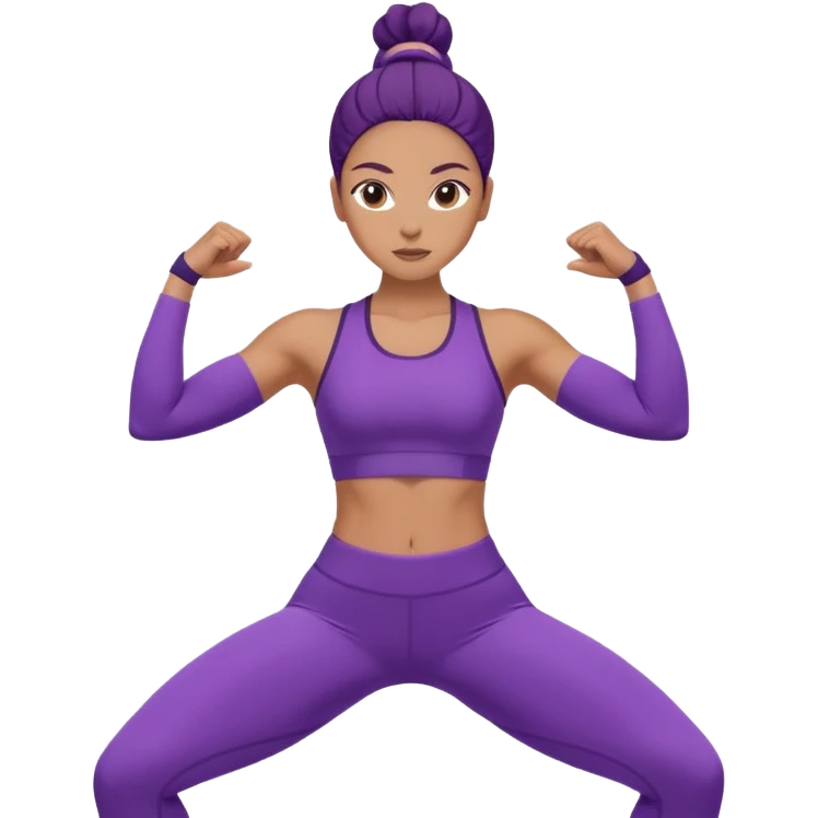 A woman dressed in purple performing warrior one pose, sunrise lighting, peaceful and strong vibe. emoji