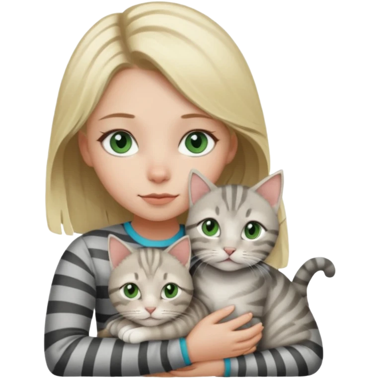 Blonde girl with blue eyes cuddling with light grey tabby cat with dark grey stripes and green eyes emoji