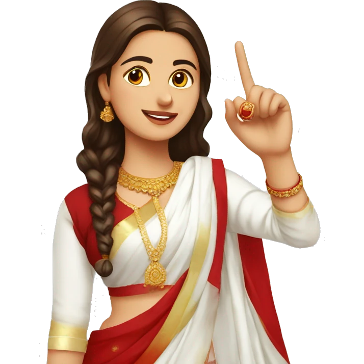 A young woman with complete white kurti red dupatta showing 1 finger emoji