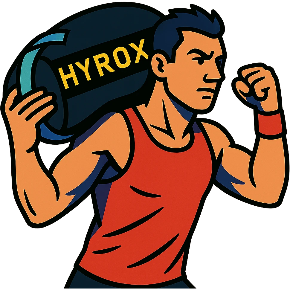 athlete with Hyrox sandbag on shoulder in vibrant toon style emoji