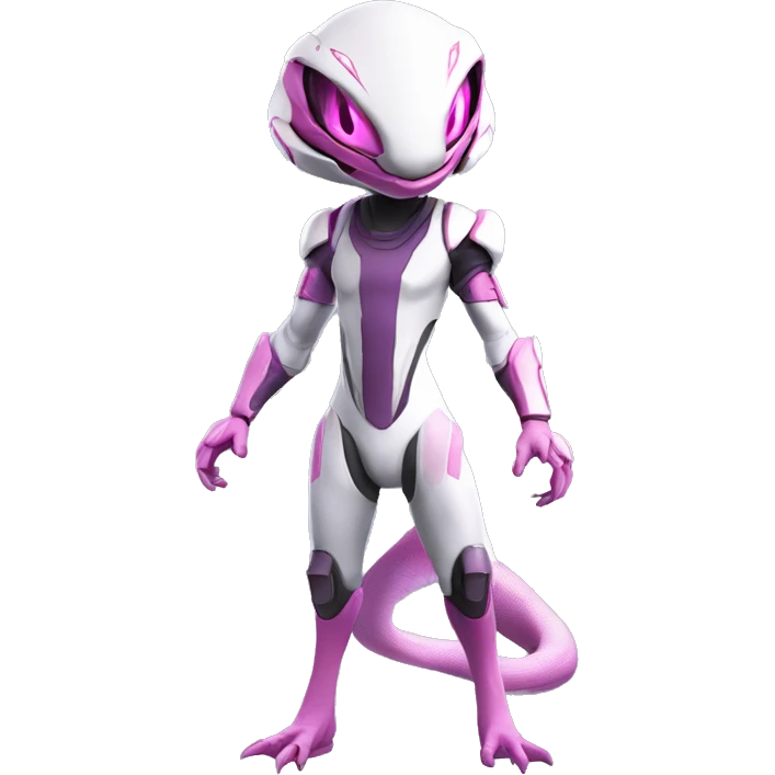 White Anthro-Lizard-Reptile-Alien-Genesect-Mewtwo-Fakémon, with pink eyes, with a futuristic visor-helmet, wearing a techwear-suit, Full Body emoji