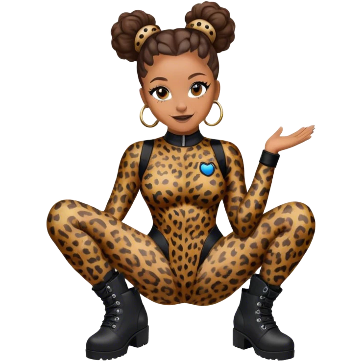 Melanie Brown smiling with her hair in space buns and wearing a tight leopard print bodysuit and black combat boots emoji
