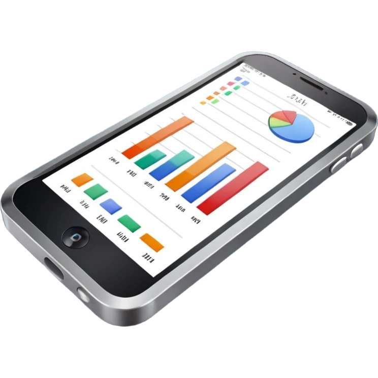 Photorealistic emoji of a compact device (handheld scanner) made of matte metal and glass. The bright, slightly reflective screen shows small colored bar charts/heatmap icons and language codes (EN, DE, 中文, العربية) plus a tiny analytics chart.  emoji
