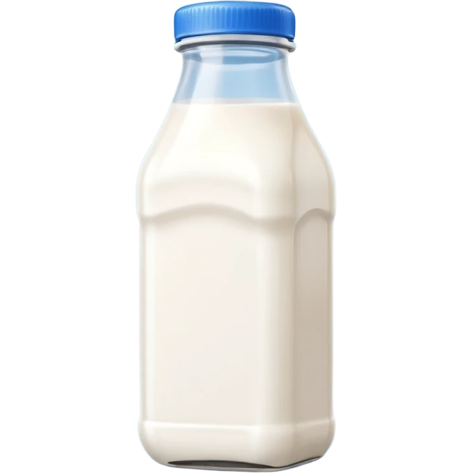 A 3D cartoon bottle of milk with white liquid, blue cap, clean reflections, Memoji-style. emoji