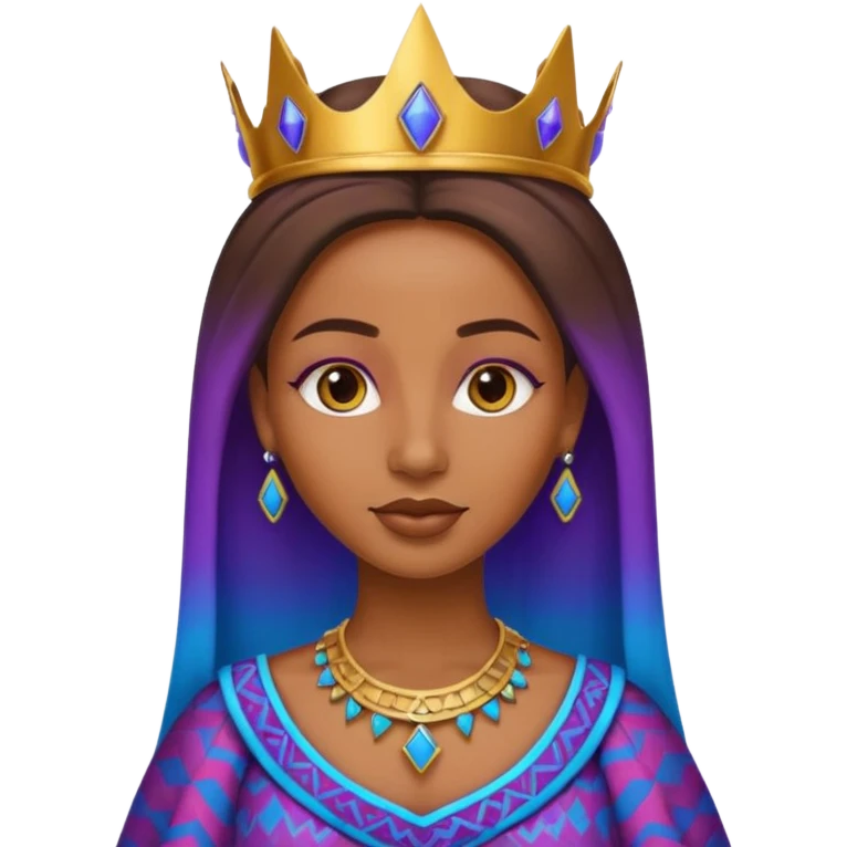 Create me an emoji of a beautiful Ethiopian Queen of Sheba wearing a neon purple and blue gradient African patterns. emoji