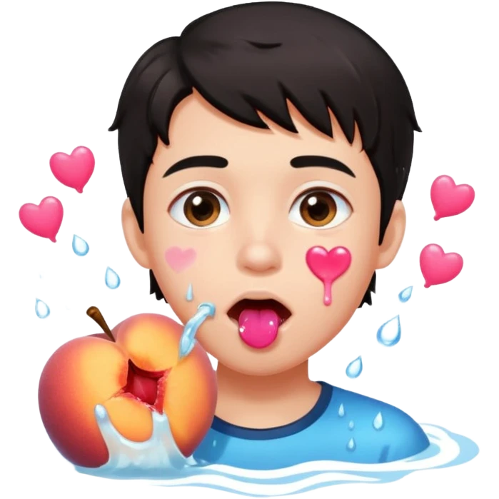 Cute boy, light pink eyes, grown out dark hair, eating a peach, pink hearts floating , water dripping from mouth emoji
