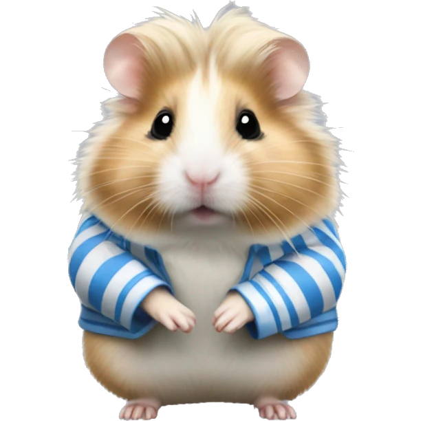 Blonde long haired Syrian hamster with a white and blue striped dirty shirt emoji