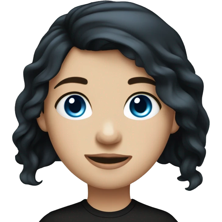 girl, long black wavy hair, blue eyes, fair skin in a black T-shirt emoji