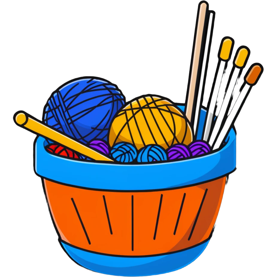 colorful yarn basket with knitting needles emoji