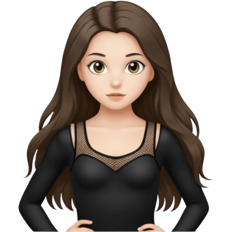 pretty white brunette teen long hair with hazel eyes in a black leotard and fishnets emoji