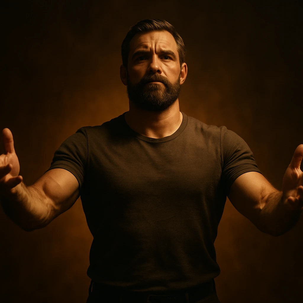 hyper realistic 4K cinematic image of a man radiating strength and protection, open arms, confident posture, dramatic and warm lighting emoji