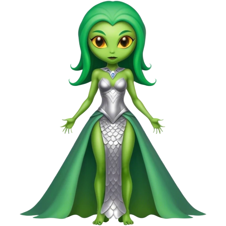Green Alien woman with scales skin in silver dress, full figure, yellow eyes emoji