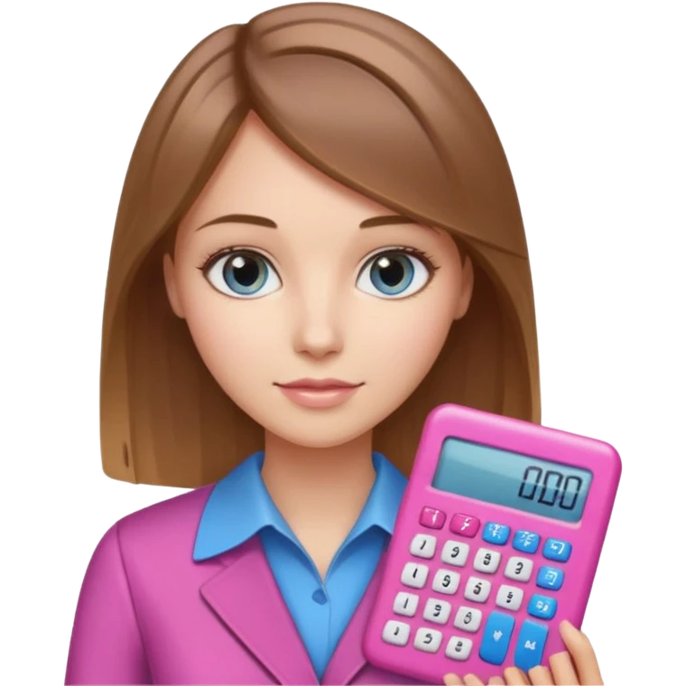 female with straight brown hair with blonde highlights and blue eyes holding a pink calculator emoji