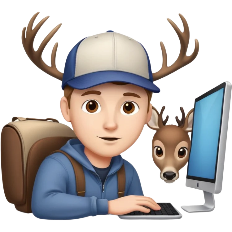 White Guy works at computer, cap o head, with deers antlers, brown eyes  emoji