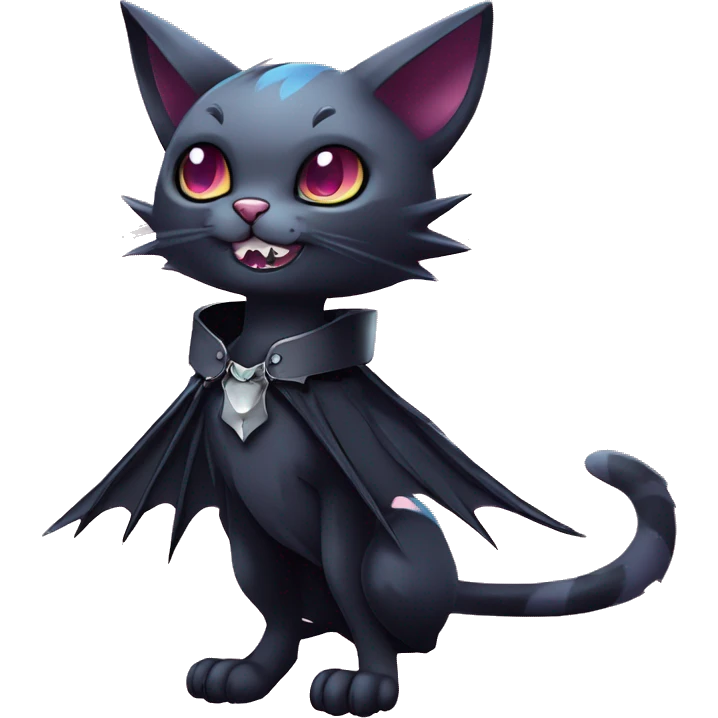   cool edgy kawaii ethereal dark-punk-themed animal vampiric cat-hybrid Fakemon with fangs and bat-wing-ears with a collar full body emoji