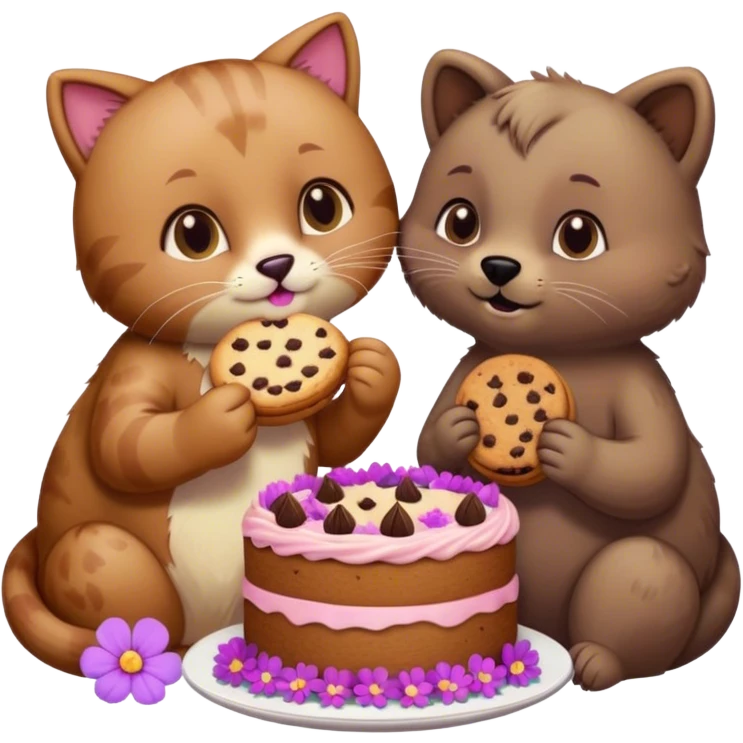 Cat eating a cookie next to a bear that eats a cake surrounded by purple and pink flowers  emoji