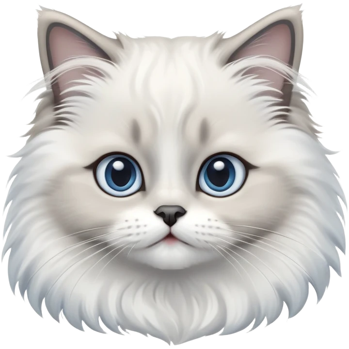 cinematic-adorable-big-eyed-fluffy-white and grey-ragdoll-cat-portrait-emoji,-head-tilted-playfully-with-a-sweet-expression,-fluffy-grey seal colour with white-fur,-simplified-yet-irresistibly-cute-features-with-large,-blue eyes expression, emoji
