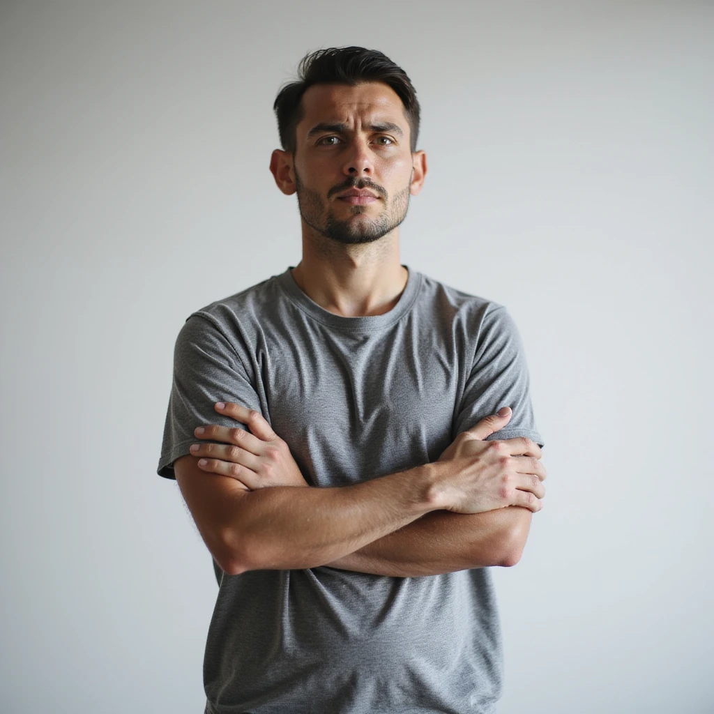 realistic 30-year-old man suffering from anxiety, standing with arms crossed and tense look, minimalist background emoji