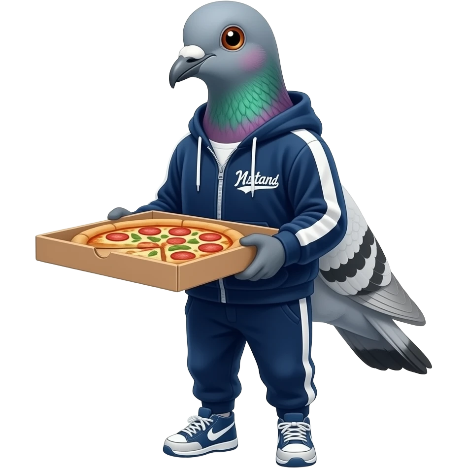 a staten island pigeon wearing a velour track suit and carrying a pizza box emoji