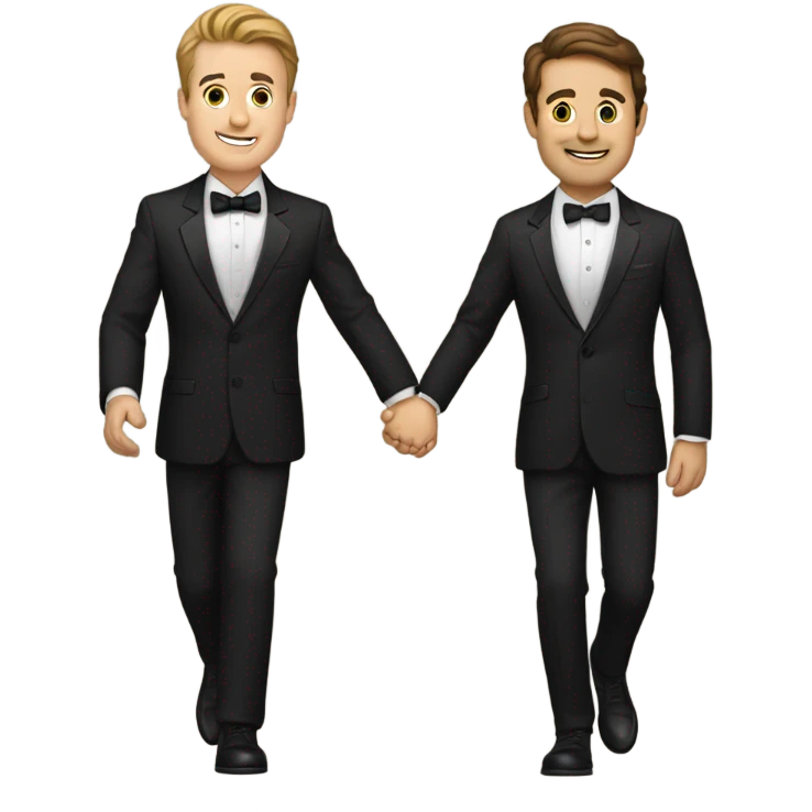 Two white guys holding hands walking, brown hair, tuxedos emoji