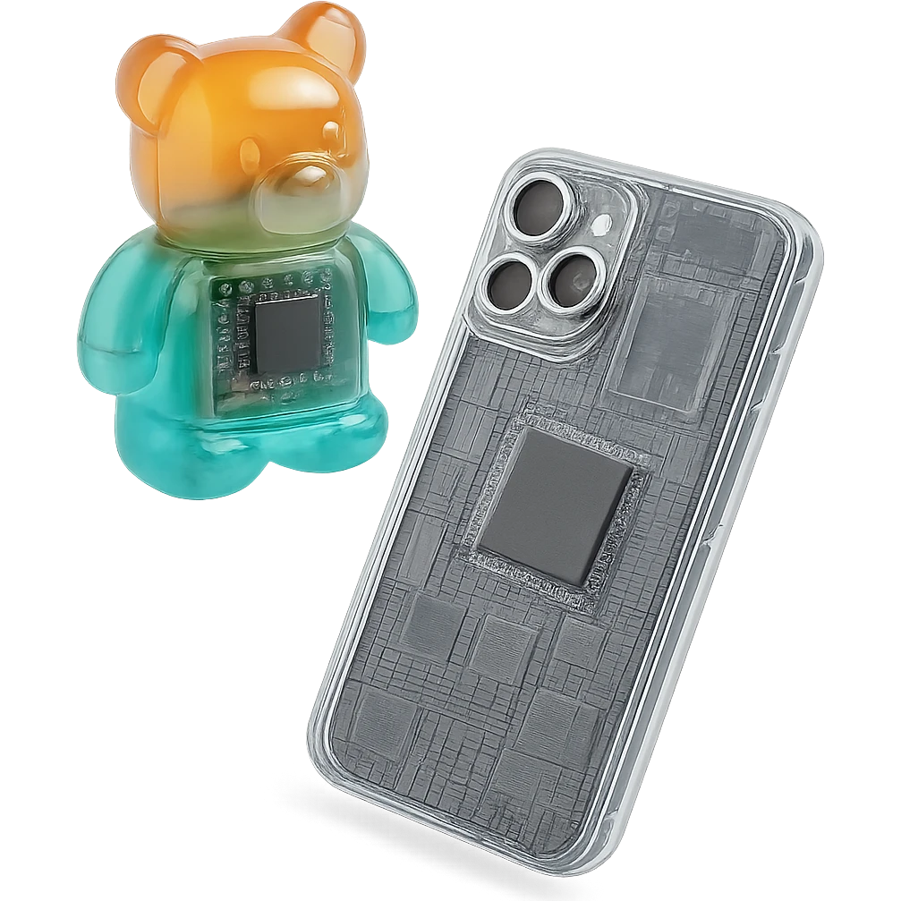 A smartphone with see-through casing revealing detailed internal components, processor chips and circuit boards visible inside emoji