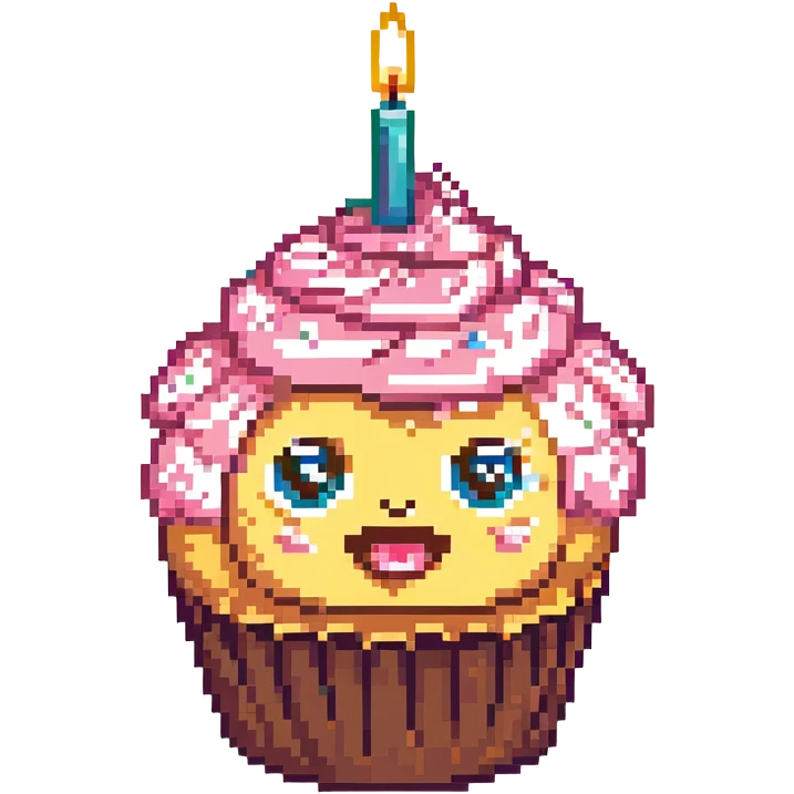 A cupcake with pink frosting, big eyes, two teeth, and a lit candle on top emoji