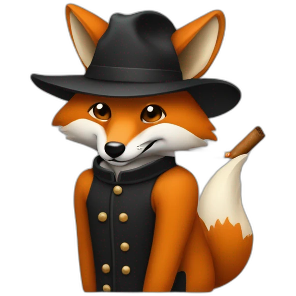 Un renard en costume noir avec une casquette plate avec un un cigare cigare qui fait coucou emoji