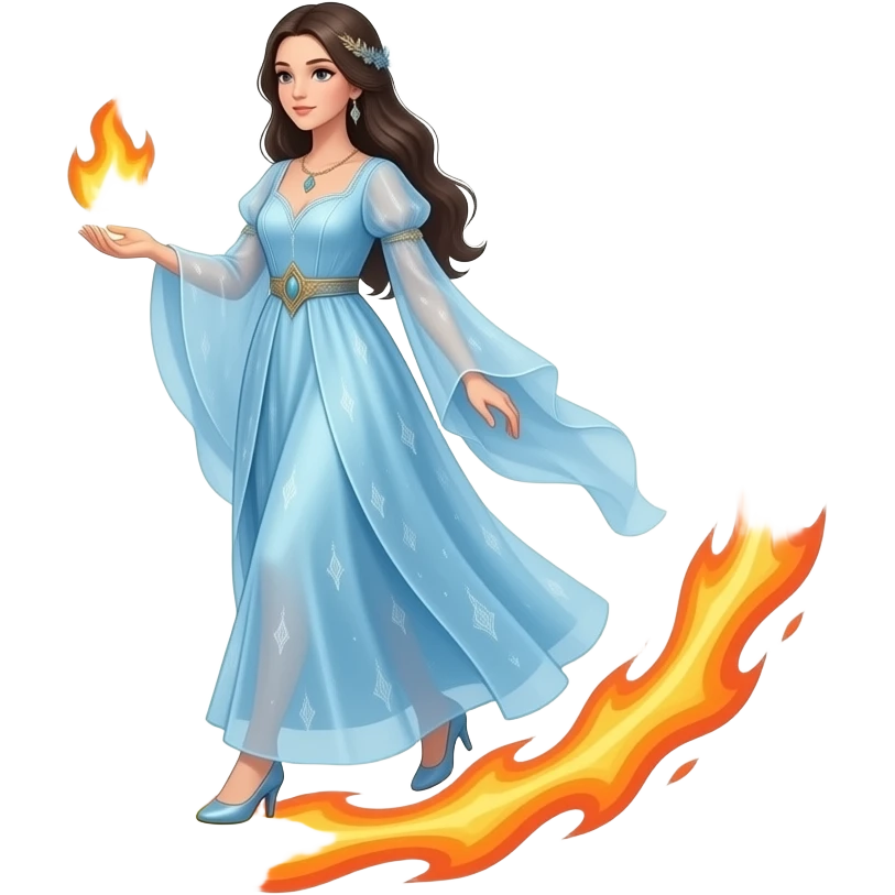 An elegant sorceress in a long ethereal blue dress carries a small flaming globe in her hand and walks through a huge flaming ring emoji