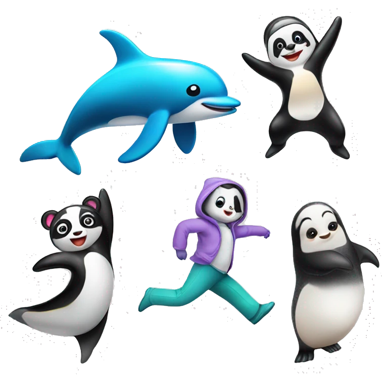 Dancing panda, dolphin, penguin girl emoji