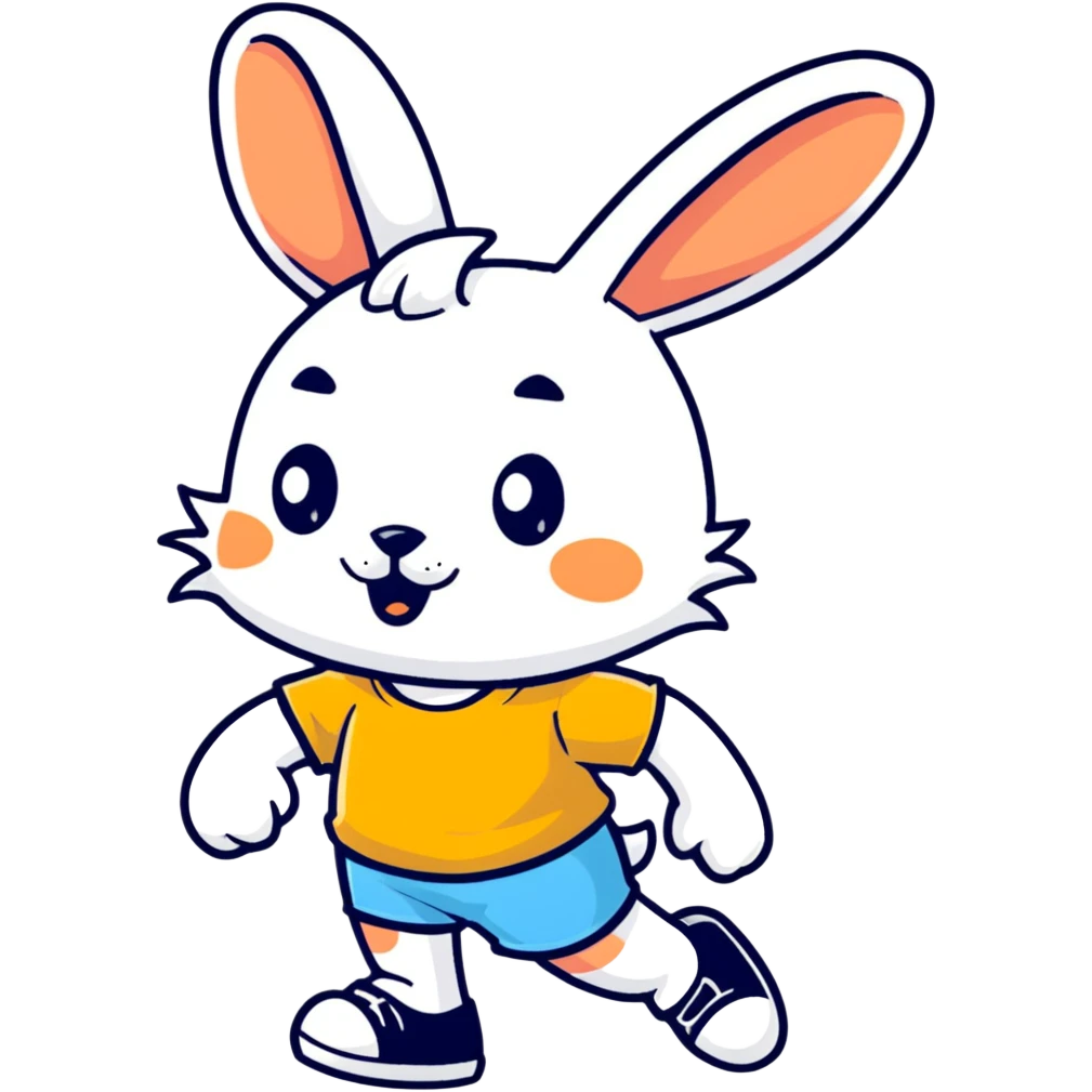 retro 1930s anthropomorphised rabbit in a t-shirt and shorts walking black and white emoji