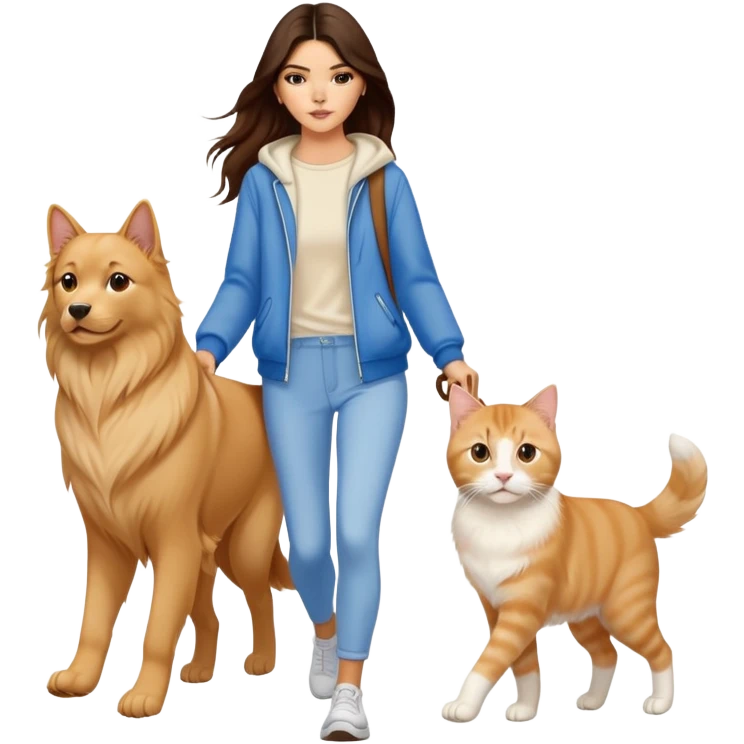 Kendall Jenner with long brown hair walking a golden retriever dog and three cats, two cream colored cats and one white and blue cat emoji