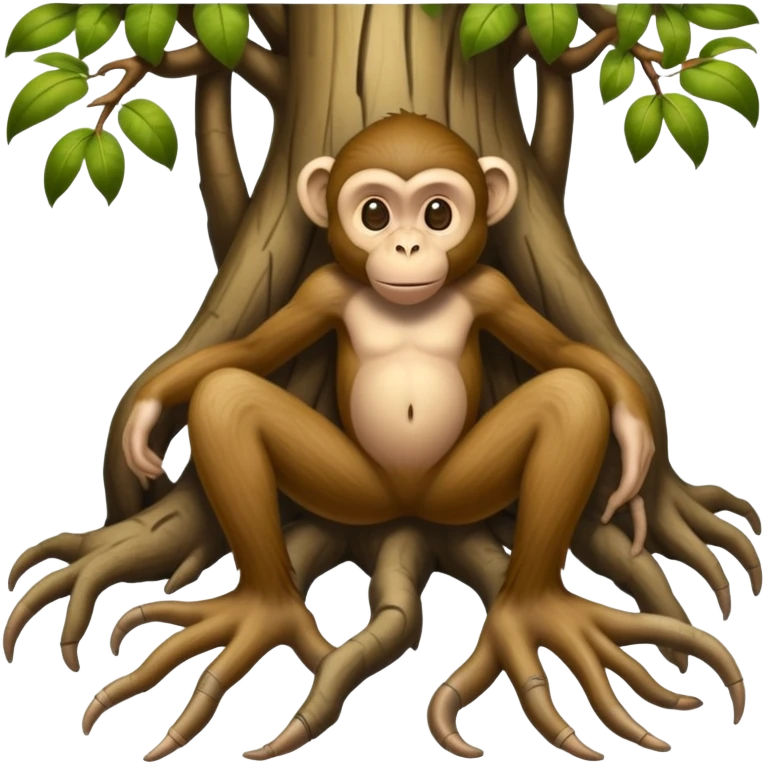 A creature with realistic human feet at the bottom, tree roots forming the legs, and a cartoon monkey face on top emoji