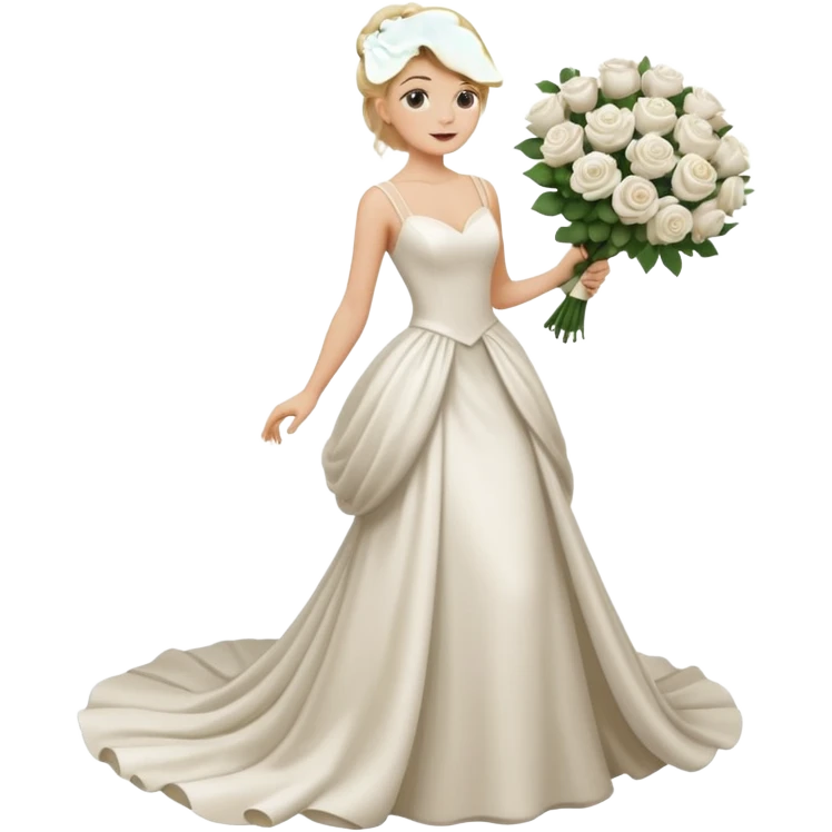Chica blanca, cabello rubio, recogido en moño alto con mechones, vestido novia , cuerpo entero, ramo de flores en una mano, cola trasera emoji