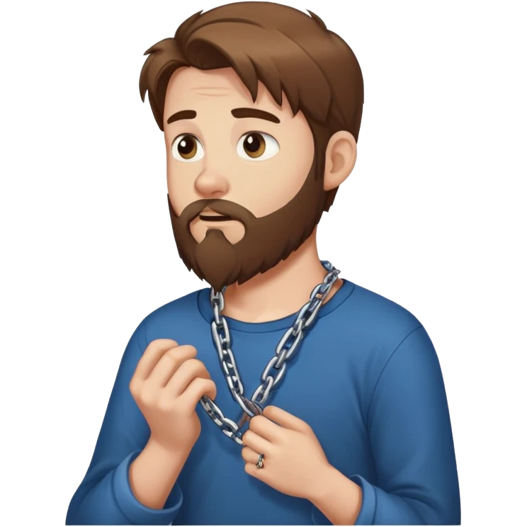 White man with brown hair and beard with anxiety and begging. holding a chain in his hands. profile view emoji
