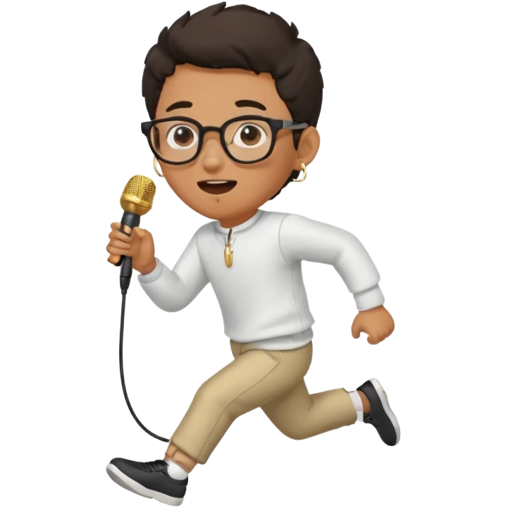 boy with glasses and gold hoop earring running while also singing into a mic  emoji