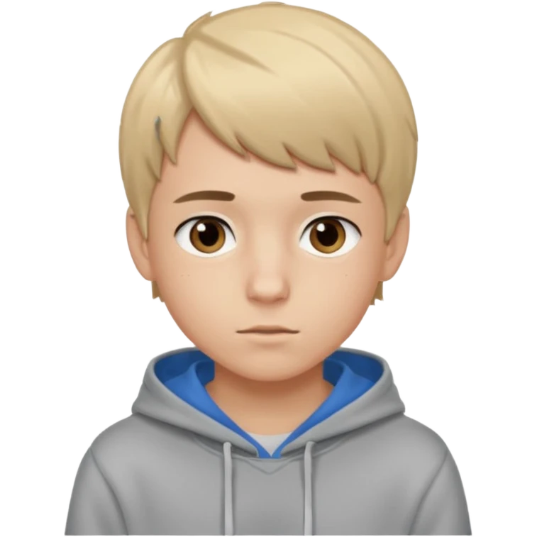 Teen boy with blue eyes mixed with a little Brown eyes and a Grey hoodie who stands up with blond short hair and short bangs emoji
