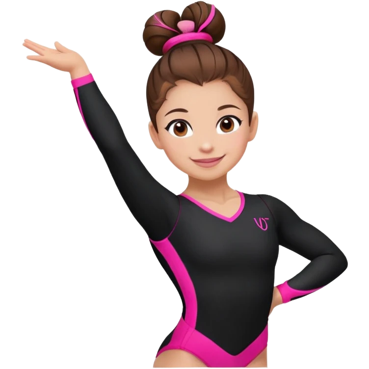 Happy female gymnast with brown hair in a neat bun, wearing a black uniform with neon pink elements. emoji