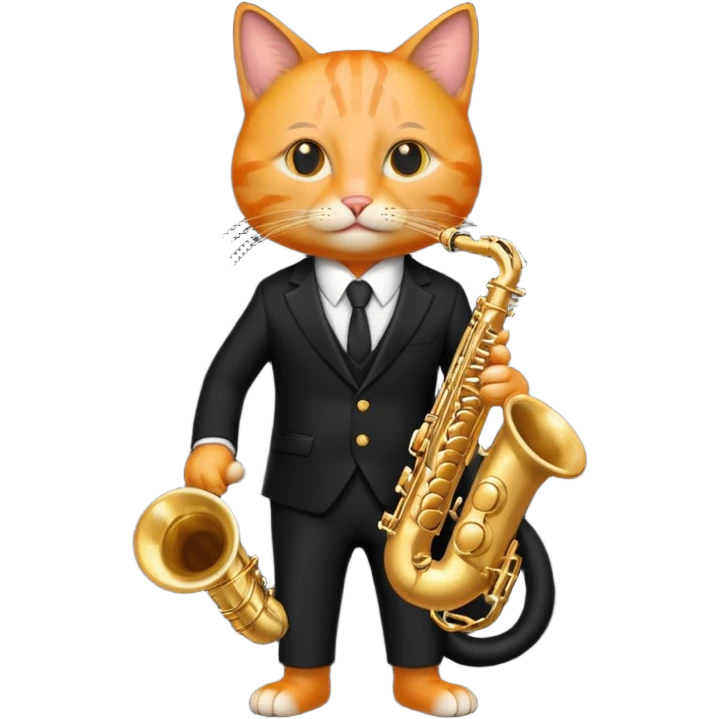 orange cat play gold saxophone, wear black suit, portrait emoji