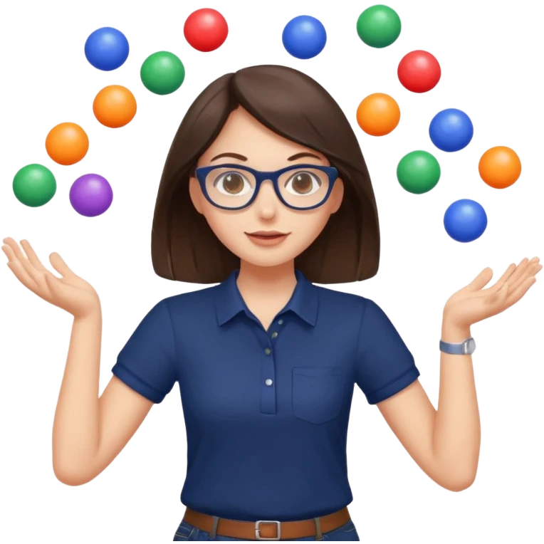 a cute brunette girl in a navy shirt wearing glasses,  juggling multicolored balls with two hands  emoji