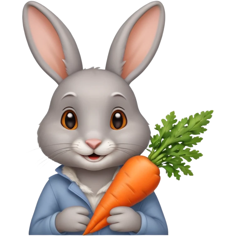 Gray rabbit holding carrot, cute smile, half body emoji
