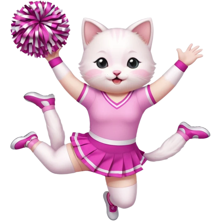 A cute chubby white kitten cheerleader in pastel uniform jumping in cheer pose. emoji