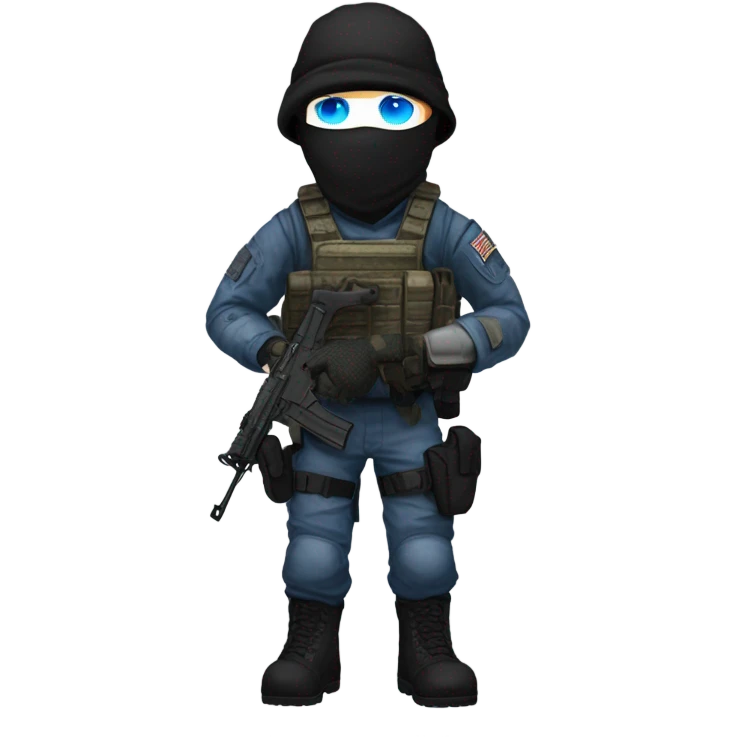 male, pale skin, call of duty face mask, camo tactical gear, combat boots, black beanie, blue eyes emoji