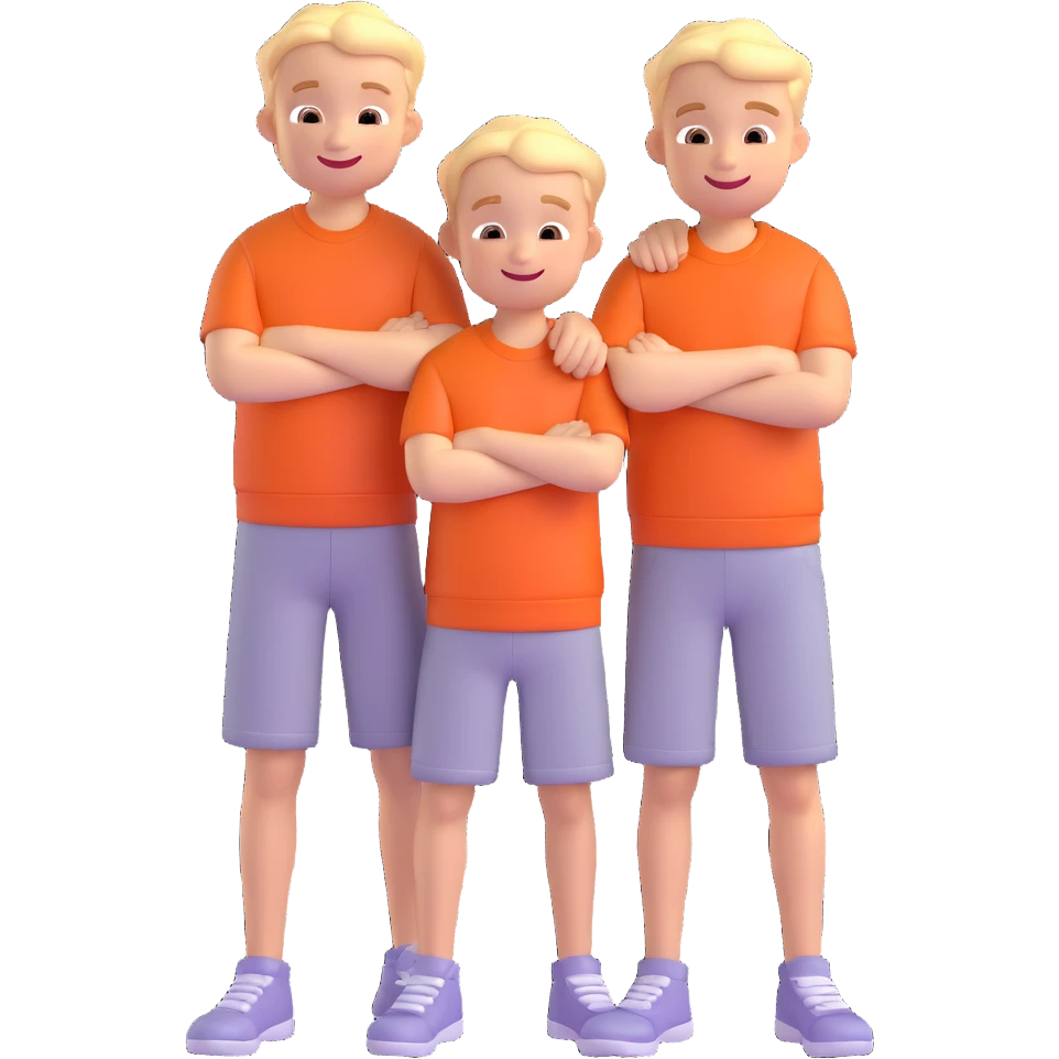 Two cartoon-style boys with similar features, arms around each other's shoulders, smiling, matching outfits, standing close, white background, emoji style emoji