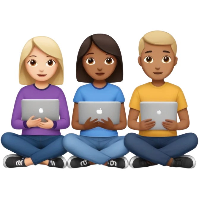 three design students sitting together with sketchbooks and laptops, creative emoji