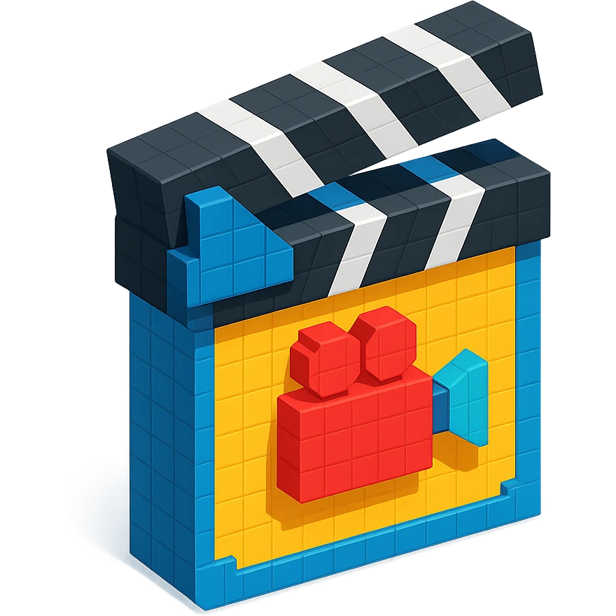 voxel style movie clapperboard with a camera icon, isometric view emoji