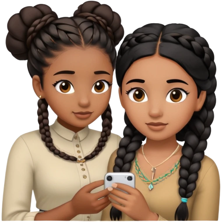 brown skin girl black hair up to chest with long lashes proposing to another brown skin girl long black hair up to waist in two braids emoji