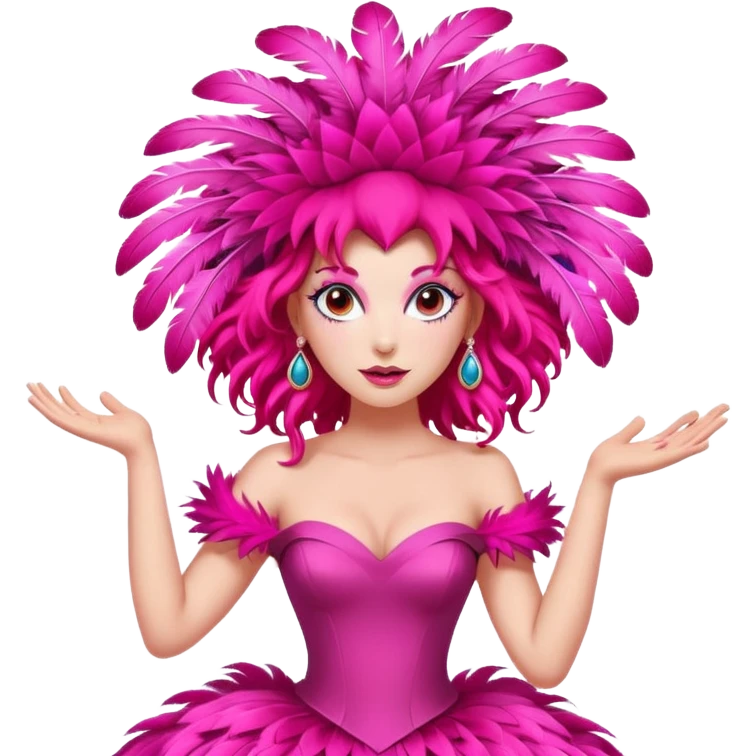 A vibrant woman with theatrical red ringlets and a massive pink feathered headpiece strikes a playful pose in an exaggerated, storybook-style hot pink gown. emoji