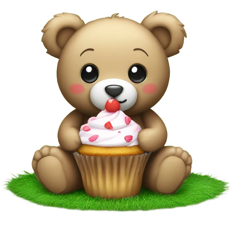 Cute Teddy bear sitting on grass eating a cupcake emoji