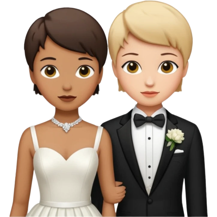due ragazze che si sposano,una ha i capelli corti r lo smoking e l'altra ha il vestito bianco da sposa  emoji