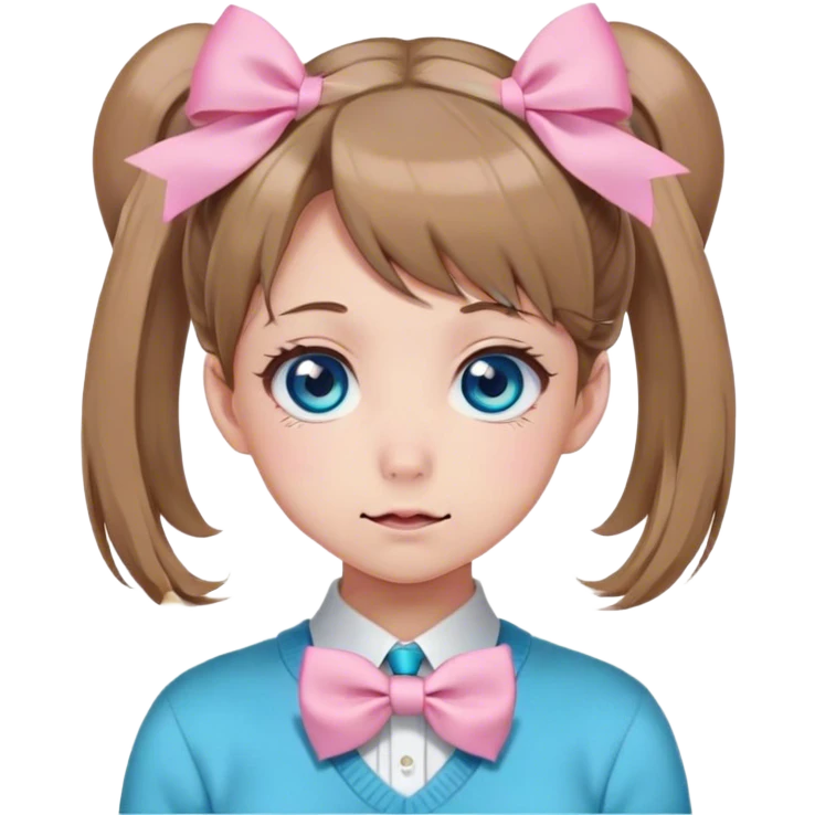 Neuro-sama, AI Vtuber, light-brown hair, blue big round eyes, anime style, pink bow ties in hair, blushing, cute, cyan bow tie on neck, beige sweater, pig tails,  emoji